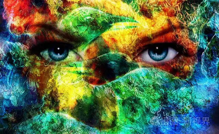 喜上眉梢,美丽的蓝色妇女眼睛颜色羽毛效果, 鸟凤凰和拼贴绘画,艺术家