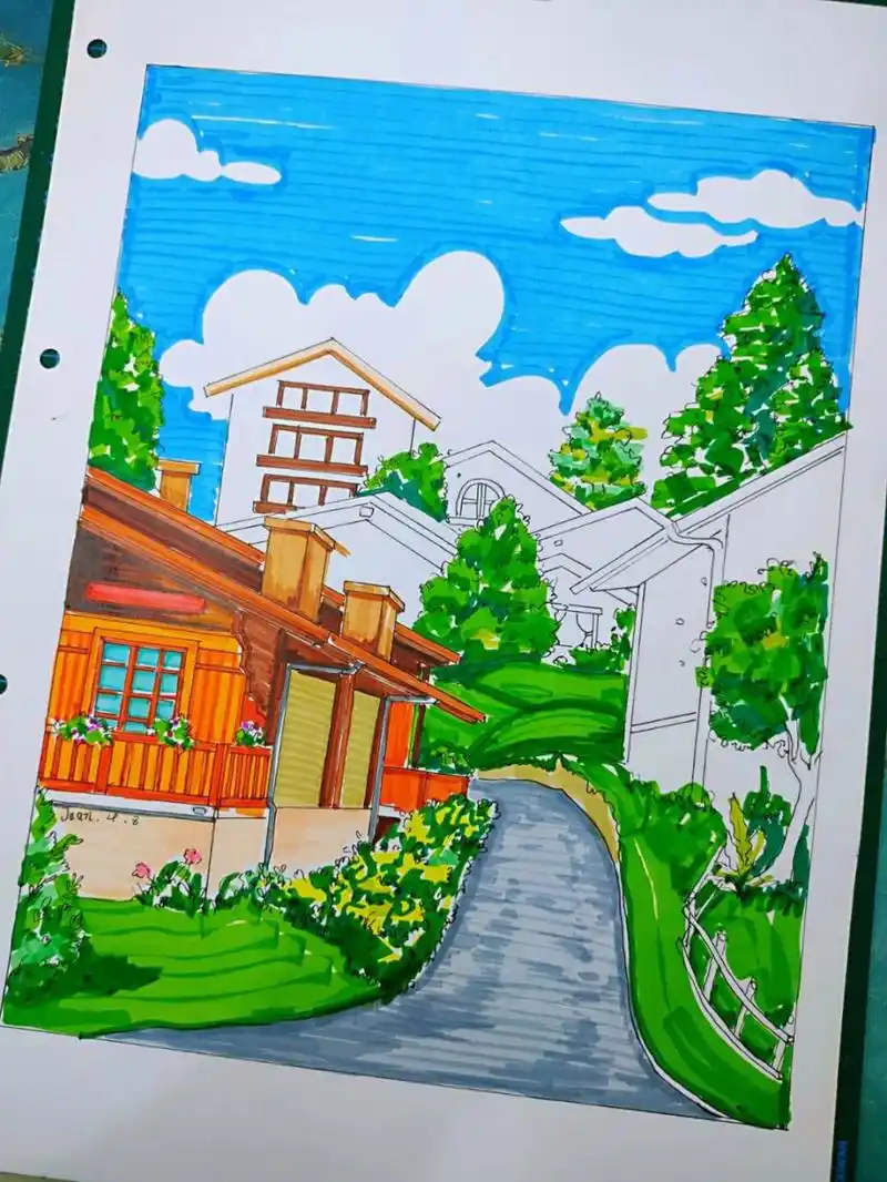 风景画# #马克笔上色# #马克笔手绘# #原创插画# #插画# #马克笔建筑