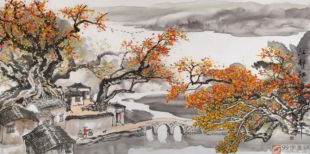 已售民盟美协理事黄奇松四尺国画江邨秋色