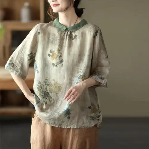 复古印花亚麻衬衫女中袖气质小翻领苎麻小衫夏季薄款宽松棉麻上衣