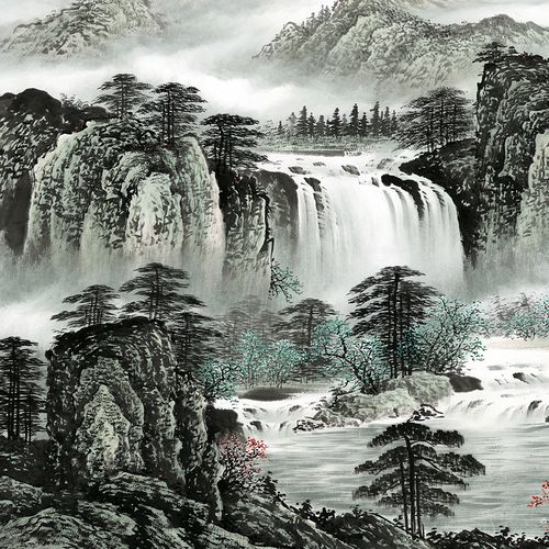 源远流长旭日东升风水招财靠山国画山水装饰画高清宣纸国画