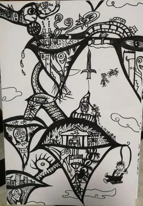 这幅画充满了幻想,天空中悬浮着的房子是我们梦寐以求的,要是能早日住