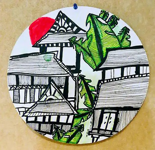 创意线描傣族竹楼