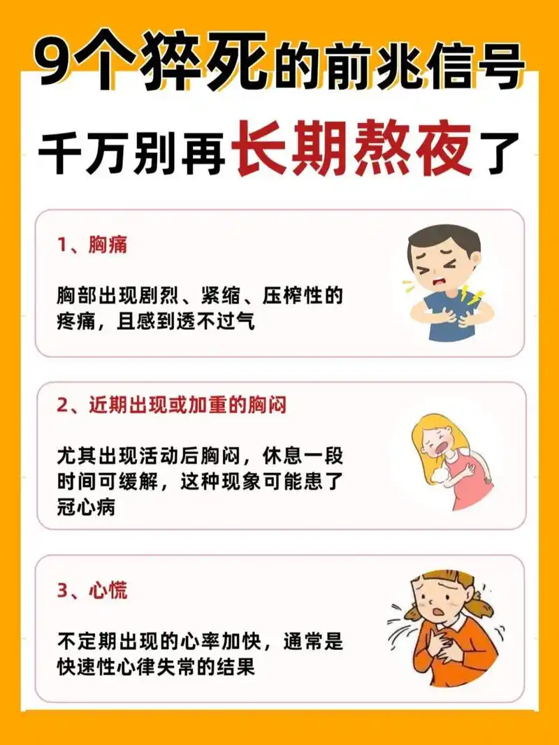 9个猝死的前兆信号,千万别再长期熬夜了75 166胸痛 胸部出现剧烈