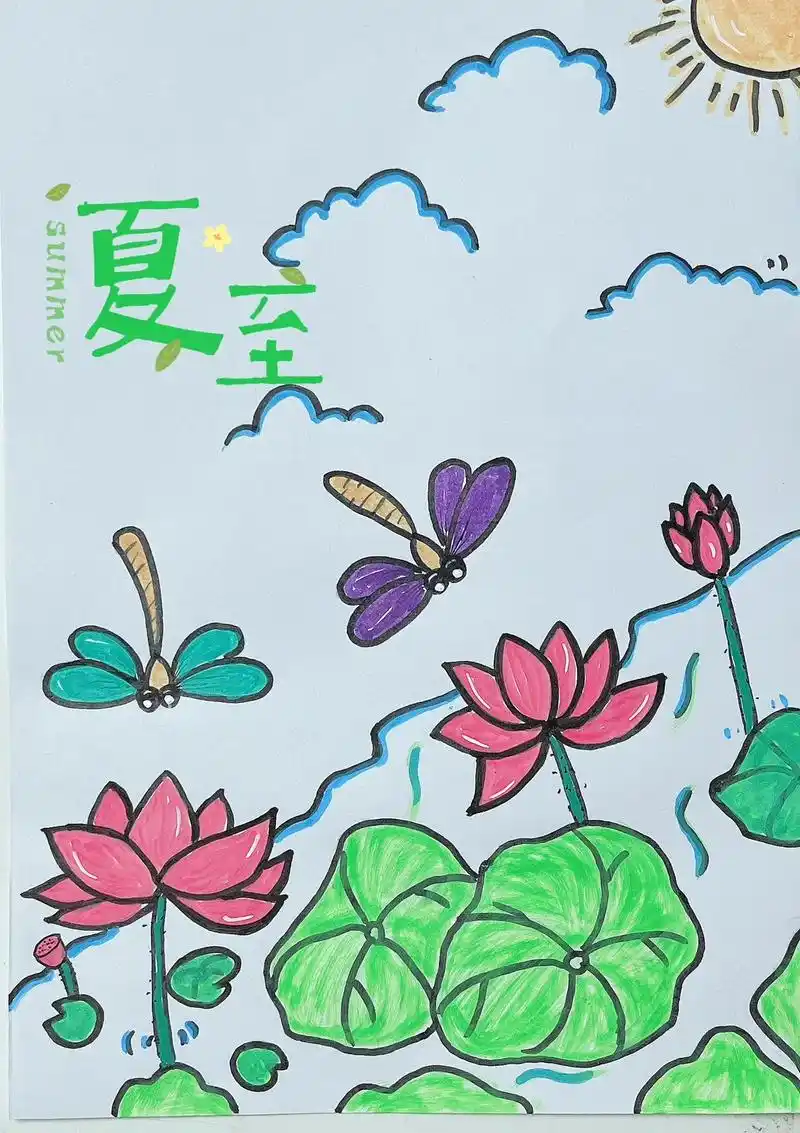 夏日主题画-荷花,用简单的线条来画荷花吧#荷花的画法 #夏至 - 抖音