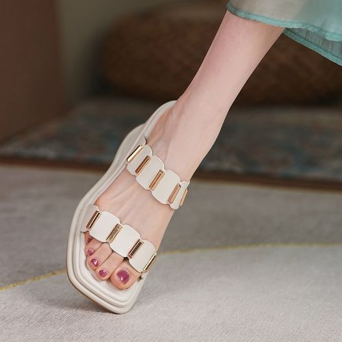 厚底凉拖女2022年新款真皮白色松糕底高跟凉鞋一字带夏天坡跟拖鞋