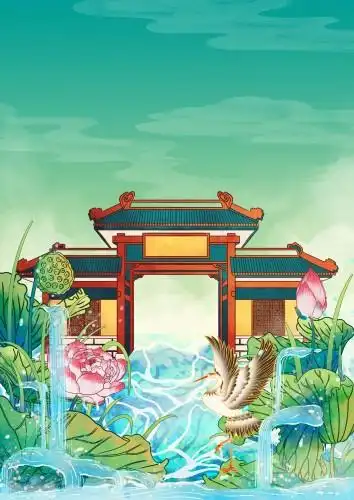 杭州地标建筑国风插画灵隐寺