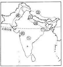 (3)河流③(4)地形区⑤.(5)印度的城市⑥__________发展棉纺织业.