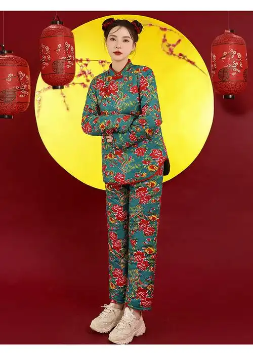 东北大花袄女大花棉袄秋冬夹棉新款棉服外套民族风加厚保暖棉衣棉裤