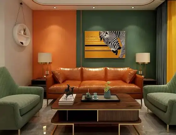 泥博士046橙与墨绿撞色结合泥博士035苹果绿与轻奢硅藻背景墙结合绿色