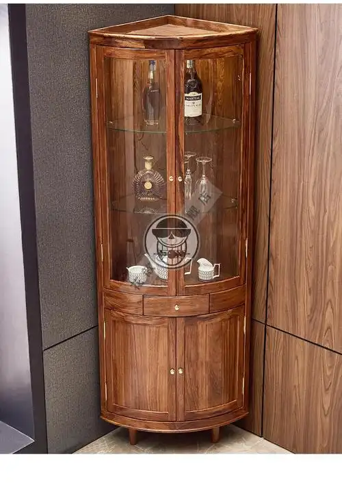 三角形酒柜墙角柜餐厅现代乌金木实木客厅边角柜家用抽屉转角酒柜