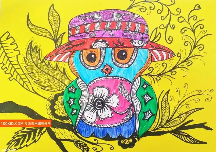 线描儿童画教程彩色的猫头鹰