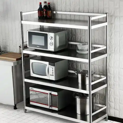 不锈钢厨房货架置物架4层加厚储物架酒店厨具收纳微波炉架带护栏3