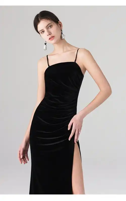 衣阁里拉2020新品黑色性感吊带长款开叉聚会宴会礼服连衣裙 65577