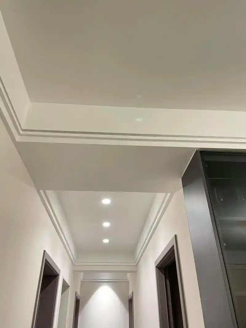 家里的常规款吊顶 客餐厅是简单的石膏板双眼皮吊顶 	 房间是石膏线吊