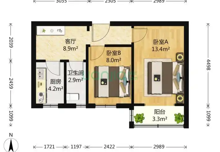 北京大井中里2室1厅1卫40平米户型图