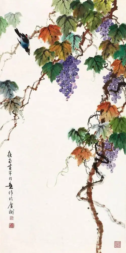 中国花鸟画家·黄幻吾·绘|《葡萄小鸟画》共赏