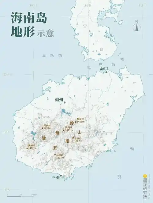 海南岛轮廓形似一个椭圆形大雪梨,地势四周低平,中间高耸,呈穹隆山