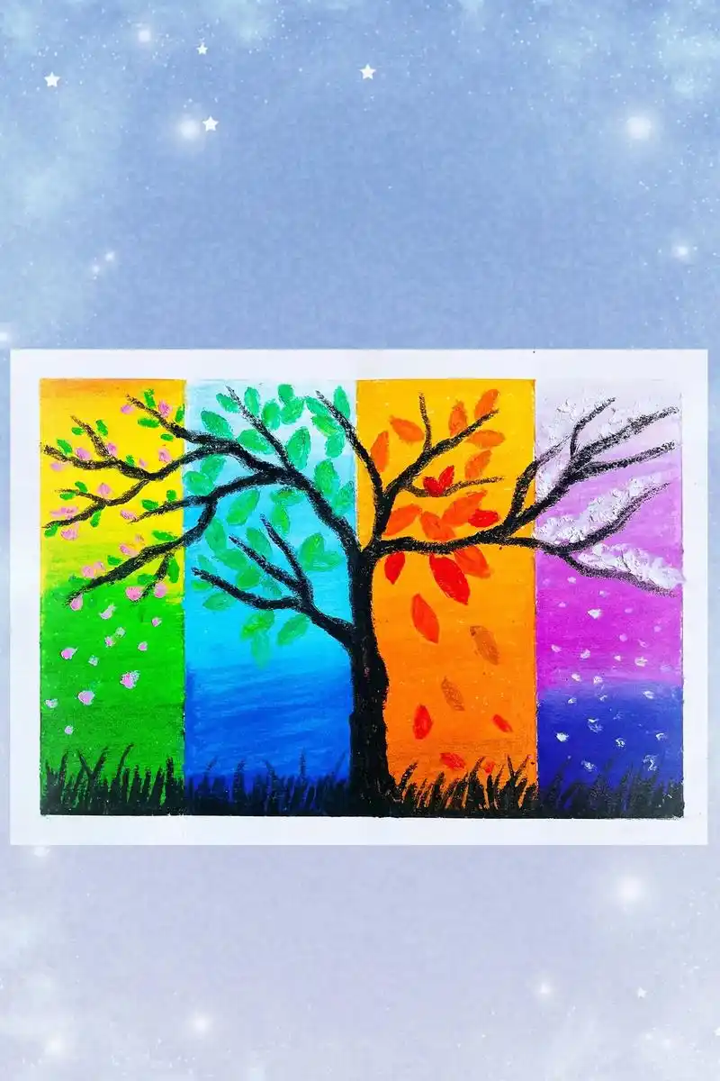 春夏秋冬风景画#图文伙伴计划#四季风景#油画棒风景画 #少儿 - 抖音