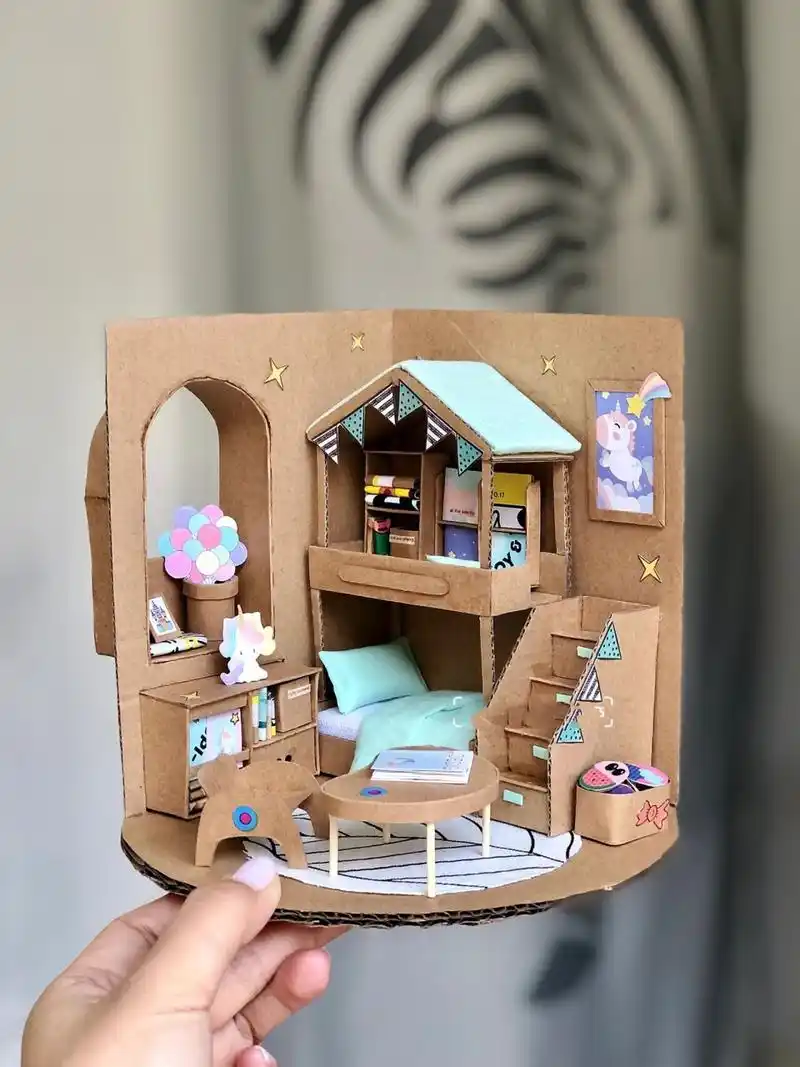 废纸箱手工diy制作小房子|奶fufu迷你儿童房 独角兽主题0615