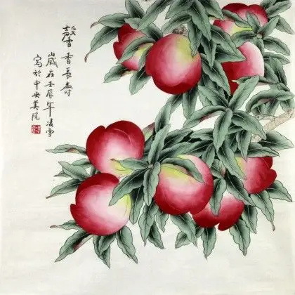 已售凌雪四尺斗方工笔画桃子謦香长寿