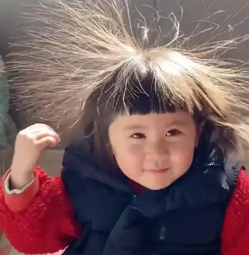 导语:导语:一小女孩因为头发静电像蒲公英,非常的可爱.