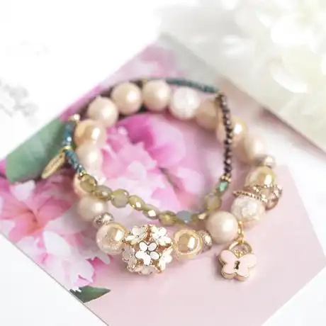 韩国进口olivine蜜糖香槟色渐变滴油绣球花团蝴蝶琐彩色水晶手链