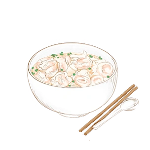 手绘插图美食馄饨插画小馄饨面食汤饺子云吞美食古代传统美食煮水饺