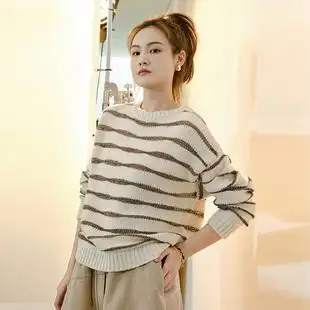 美洋meiyang 咖啡浪潮羊毛衫手工银丝文艺条纹套头针织毛衣秋冬女