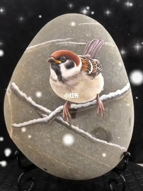 雪中的麻雀儿创意手绘石头画摆件雪花纷飞