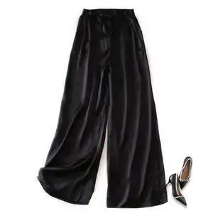 素绉缎真丝口袋休闲裤女夏桑蚕丝均码宽松显瘦黑色阔腿直筒九分裤
