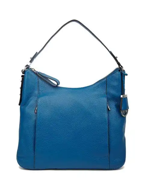 蓝色荔枝纹拉链式牛皮手提包