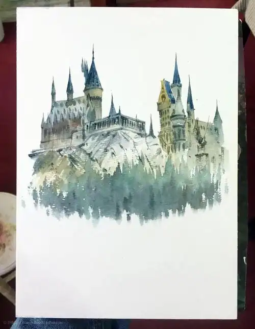 哈利波特霍格沃茨城堡水彩