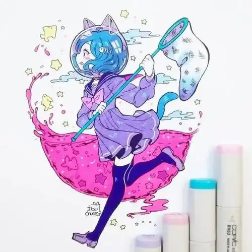 【马克笔插画】q版甜美动漫少女手绘素材