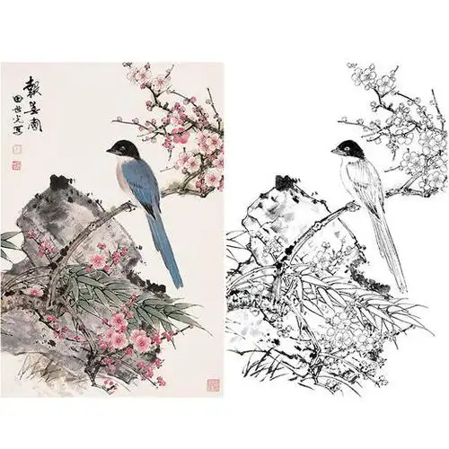 田世光工笔竖幅花鸟白描底稿花鸟sg14