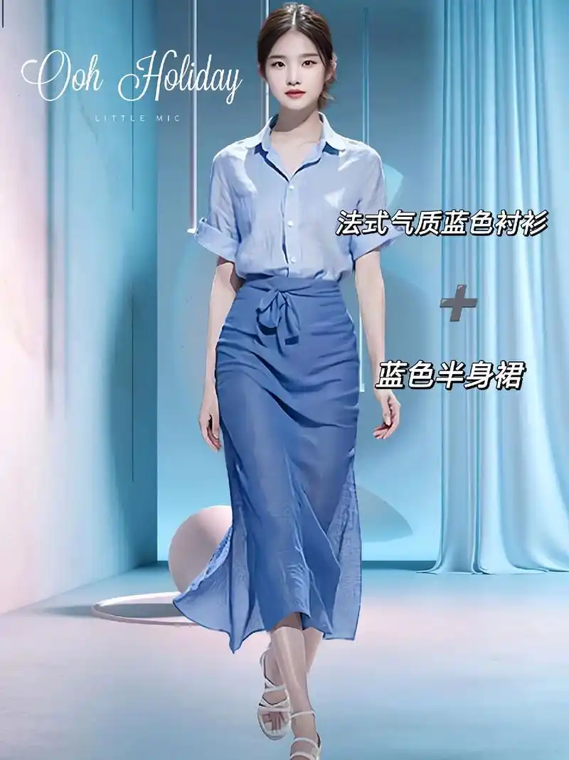 姐妹们,高级感御姐风穿搭来啦!法式气质蓝色衬衫77高腰绑带半身裙