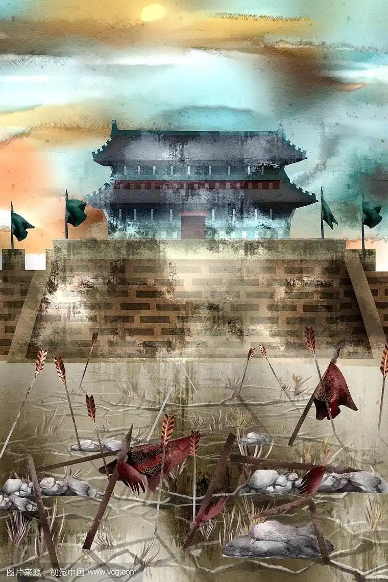 中国风水彩古城战场插画