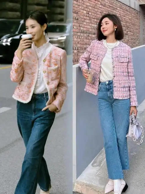 粉色小香风外套才不土4种搭配方式时髦显嫩更适合40的女人