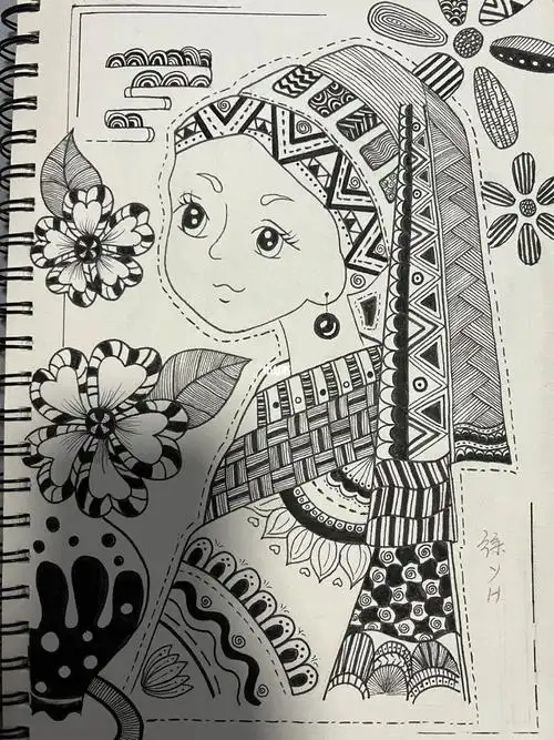 黑白线描装饰画  #戴珍珠耳环的少女  #美术考编技能题  #教师招聘