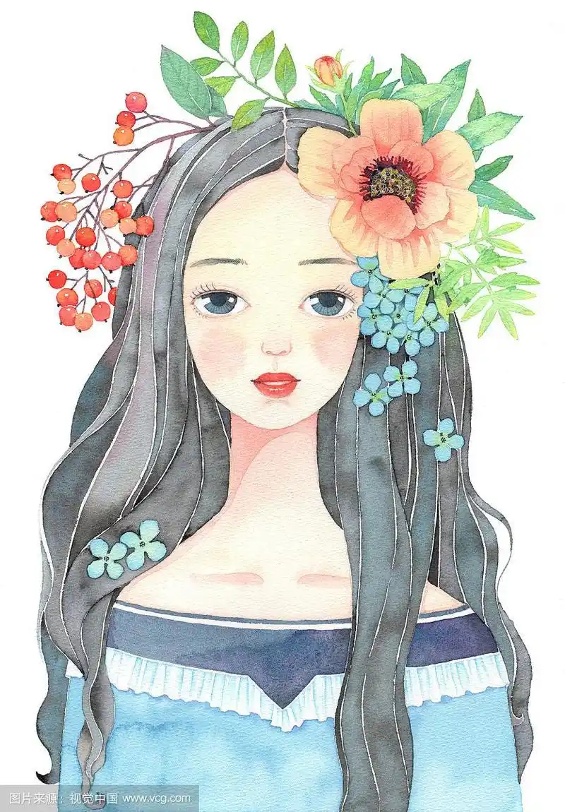 唯美水彩人物插画-头上别着花的美丽的女孩