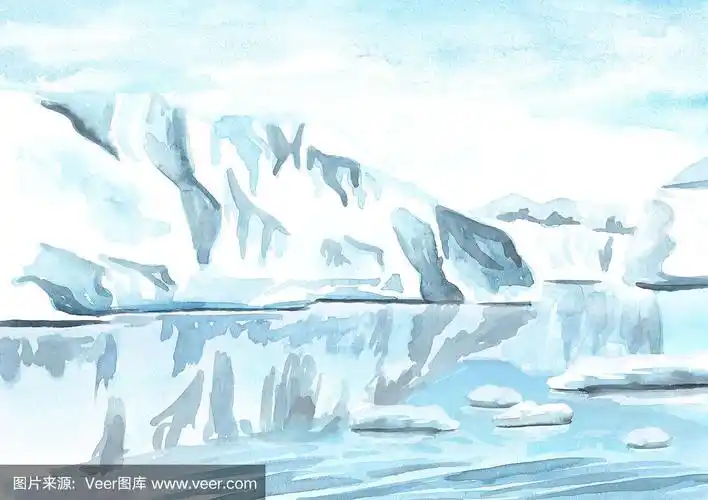 北极景观,冰川,冰山.背景与复制空间.手绘水彩插图