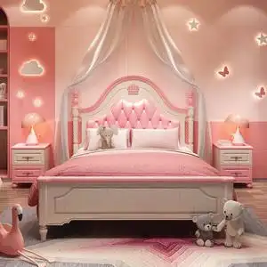 儿童床单人床 女孩女儿房公主床1.5米粉色双人床卧室家具组合套装