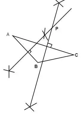 在钝角三角形abc中,边的垂直平分线交于点p,则( ).a.点p在三角形内b.