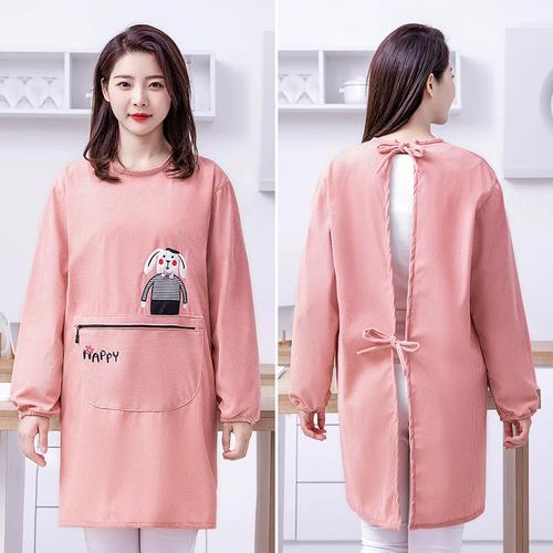 加厚灯芯绒防水刺绣长袖围裙家用厨房罩衣小清新女时尚带袖工作服