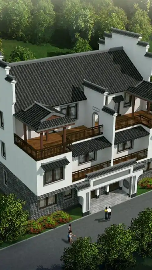 三层徽派双拼别墅设计,造型对称,平面不同,满足不同需求.