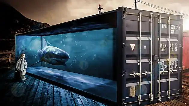 集装箱中的鲨鱼摄影高清图片下载