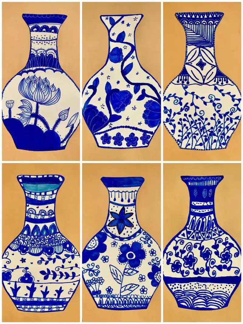 青花瓷创意花瓶,小学生绘画作品.#图文伙伴计划 #创意线描  - 抖音