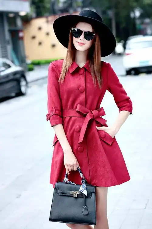 高端品质秋季新款时尚女装优雅舒适单排扣鹿皮绒中袖修身风衣 红色 s