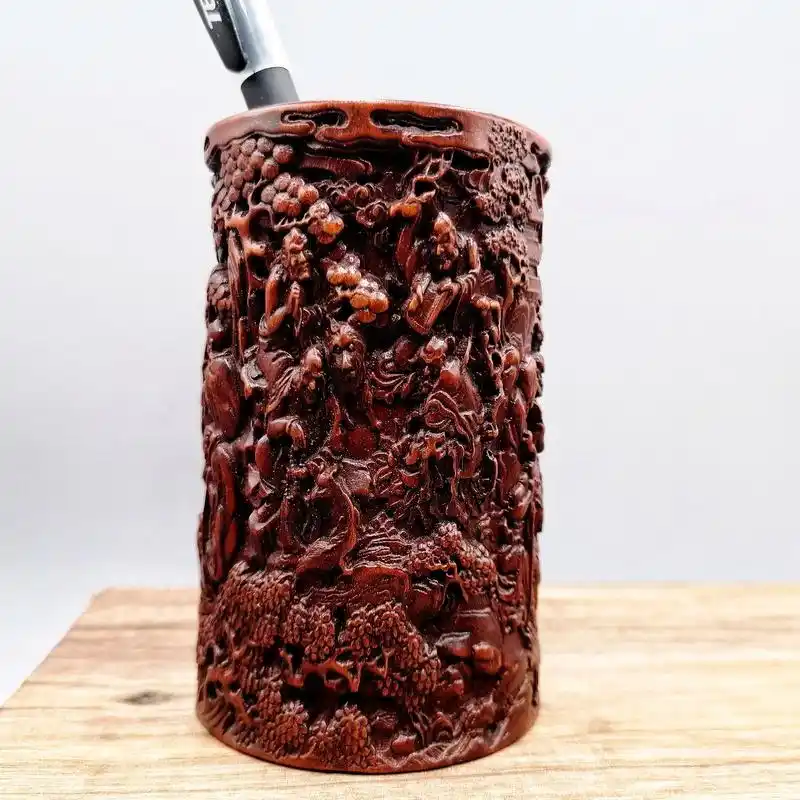 民俗老物件手工雕刻黄杨木十八罗汉笔筒摆件文房用品古玩旧货收藏