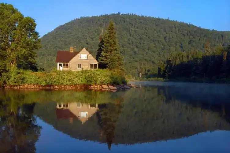 自然,景观,湖,房子,山,树,反射